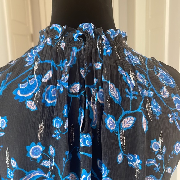 Rebecca Taylor Sleeveless Metallic Print Silk Top in Blue & Black Size 0 - Picture 6 of 11